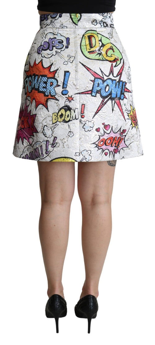 Dolce & Gabbana White Cartoon Brocade A-line High Waist Skirt - ClickThatClicks 