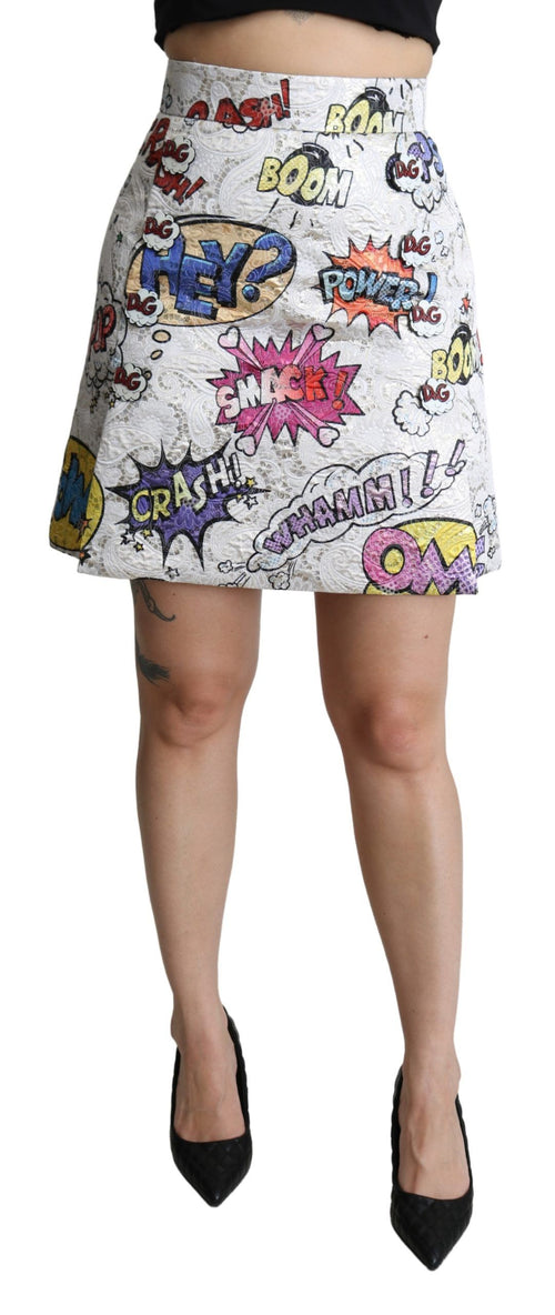 Dolce & Gabbana White Cartoon Brocade A-line High Waist Skirt - ClickThatClicks 