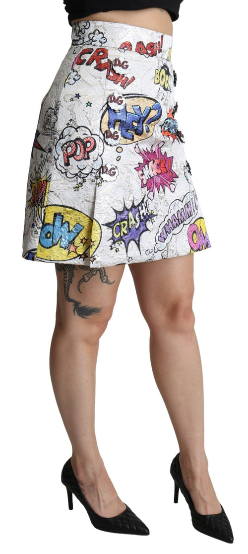 Dolce & Gabbana White Cartoon Brocade A-line High Waist Skirt - ClickThatClicks 