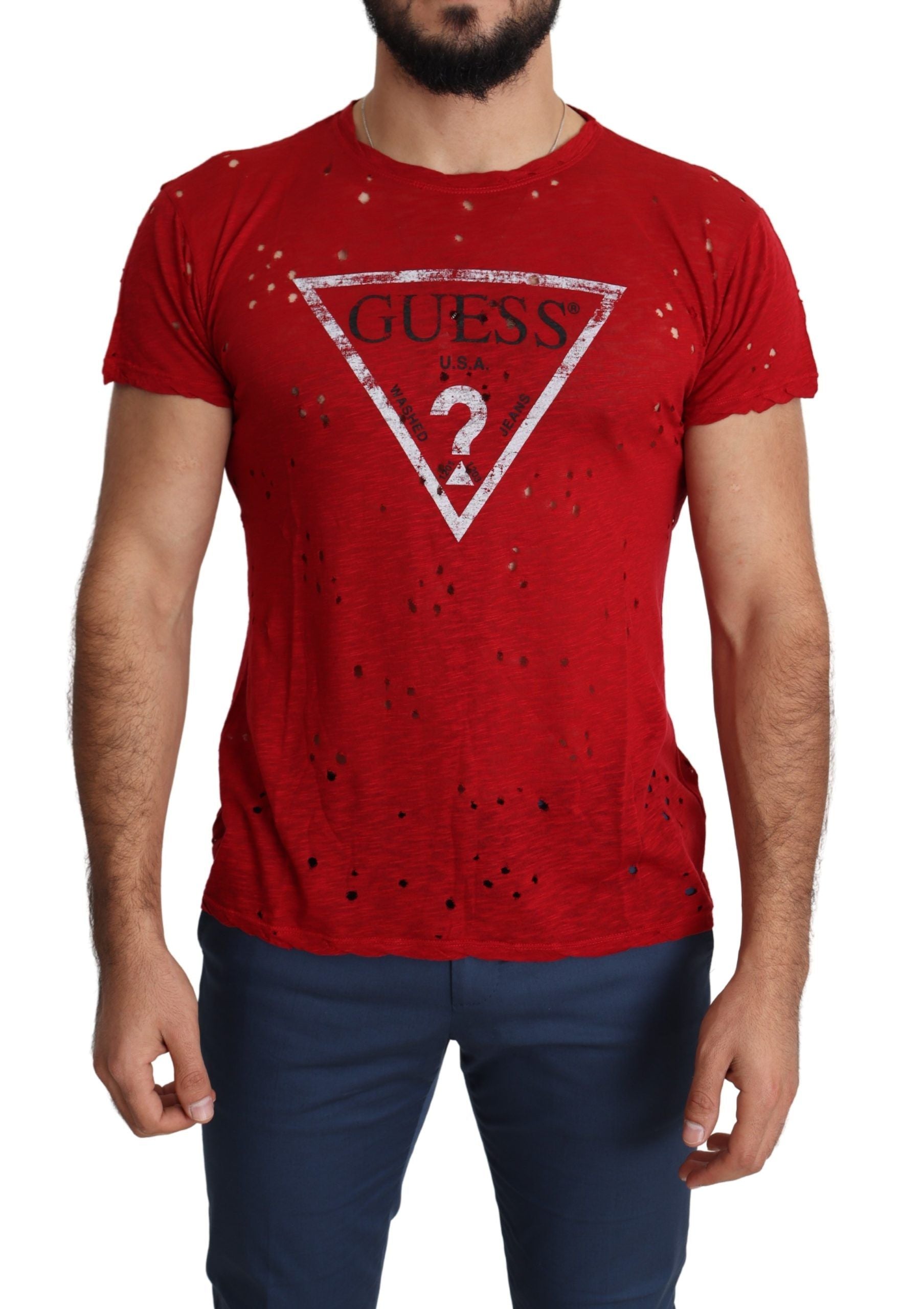 Guess Red Cotton Logo Print Men Casual Top Perforated T-shirt - ClickThatClicks 