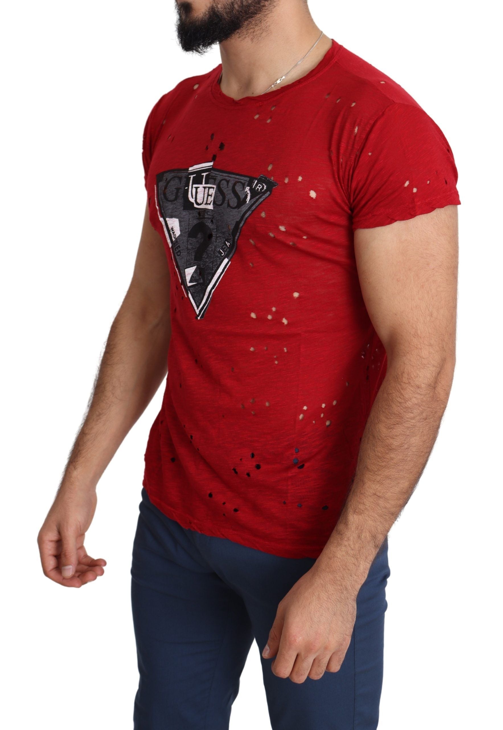 Guess Red Cotton Logo Print Men Casual Top Perforated T-shirt - ClickThatClicks 