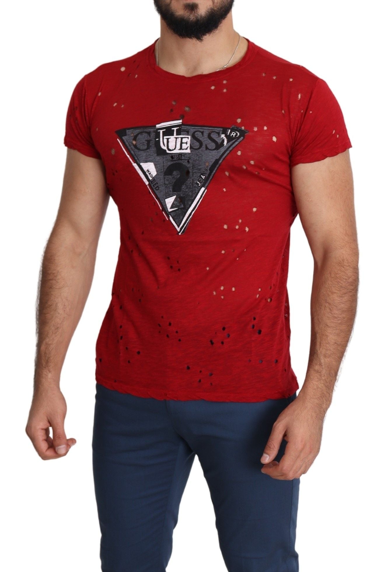 Guess Red Cotton Logo Print Men Casual Top Perforated T-shirt - ClickThatClicks 