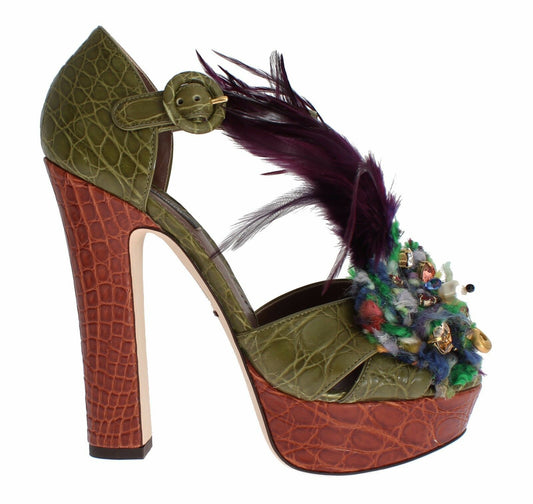 Dolce & Gabbana Green Leather Crystal Platform Sandal Shoes - ClickThatClicks 