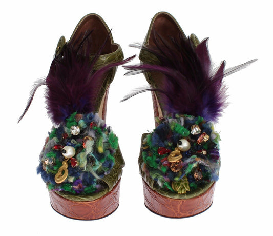 Dolce & Gabbana Green Leather Crystal Platform Sandal Shoes - ClickThatClicks 