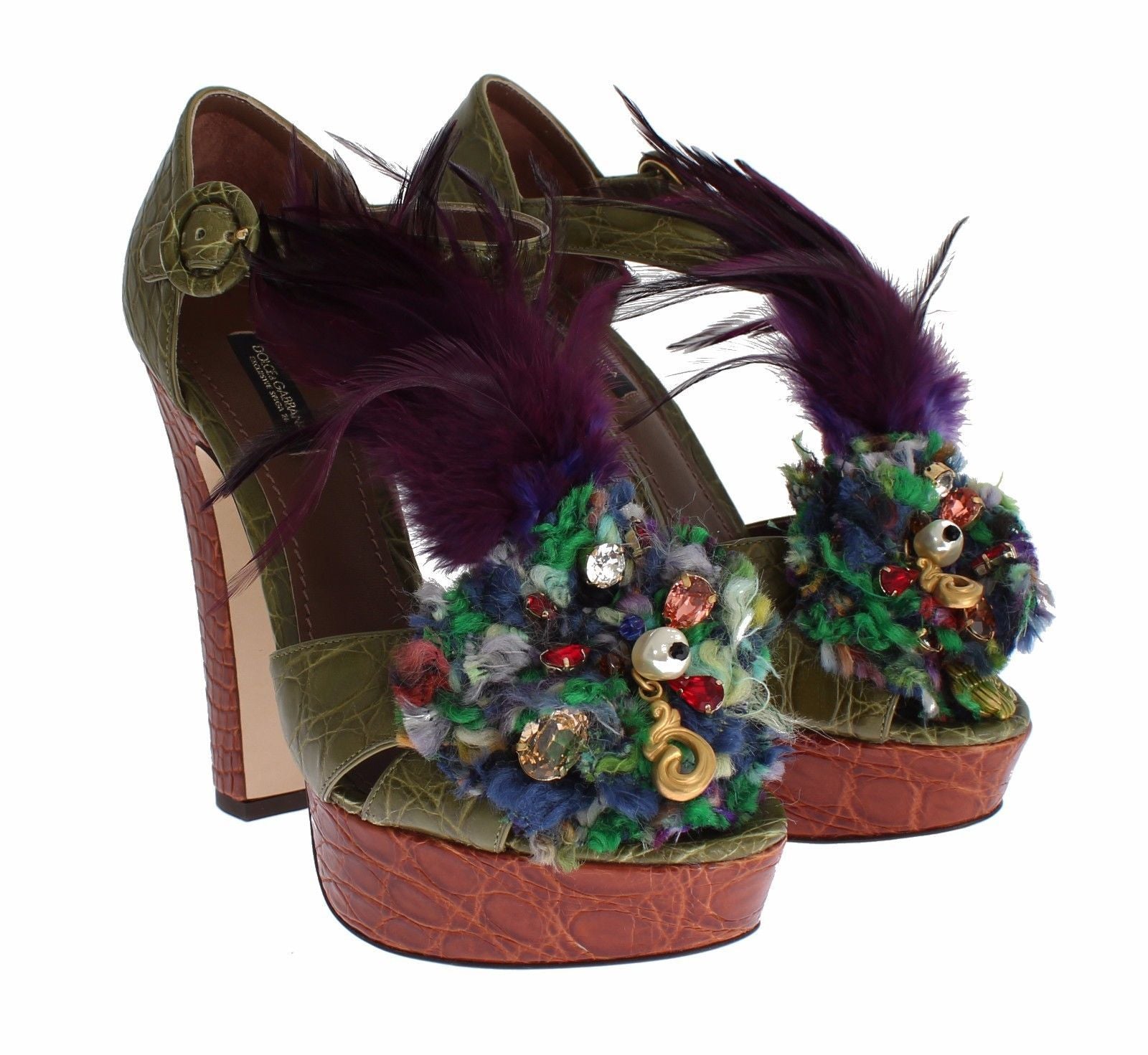 Dolce & Gabbana Green Leather Crystal Platform Sandal Shoes - ClickThatClicks 