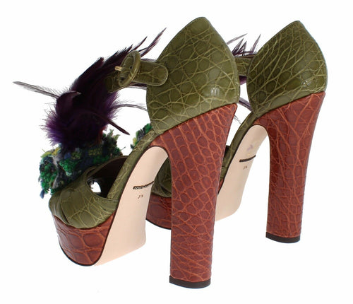 Dolce & Gabbana Green Leather Crystal Platform Sandal Shoes - ClickThatClicks 