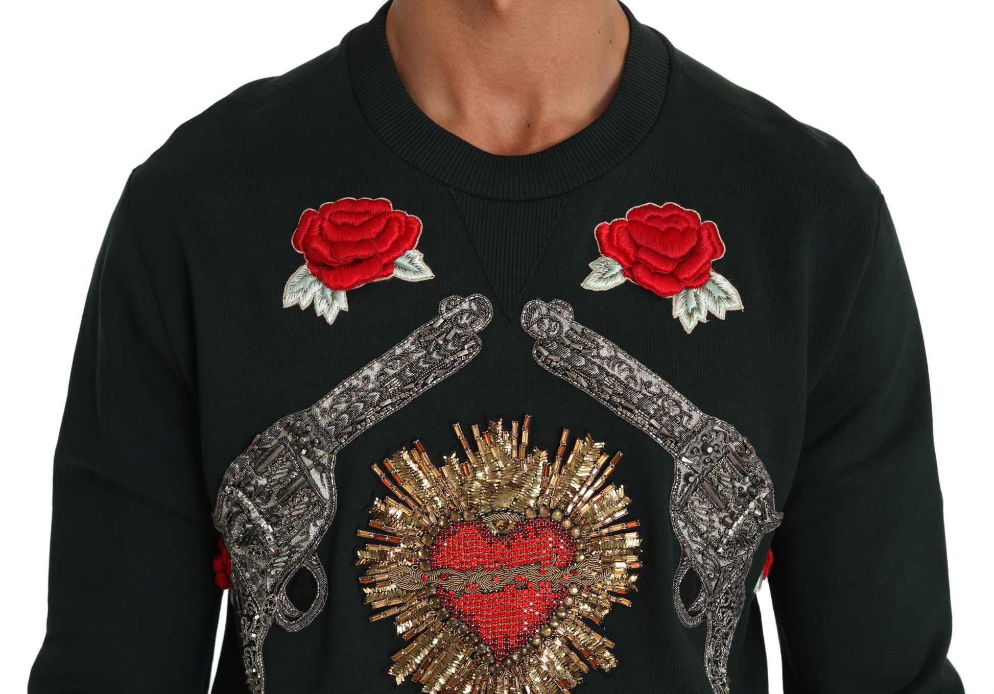 Dolce & Gabbana Green Crystal Heart Roses Gun Sweater - ClickThatClicks 