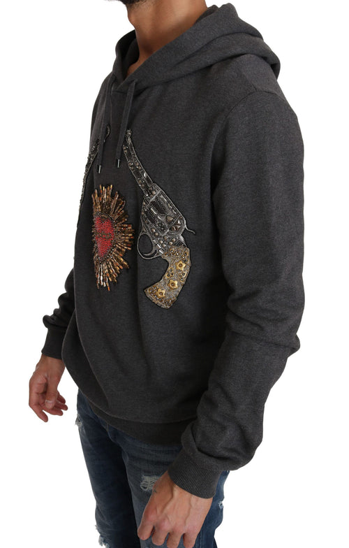 Dolce & Gabbana Gray Hooded Red Crystal Heart Gun Sweater - ClickThatClicks 