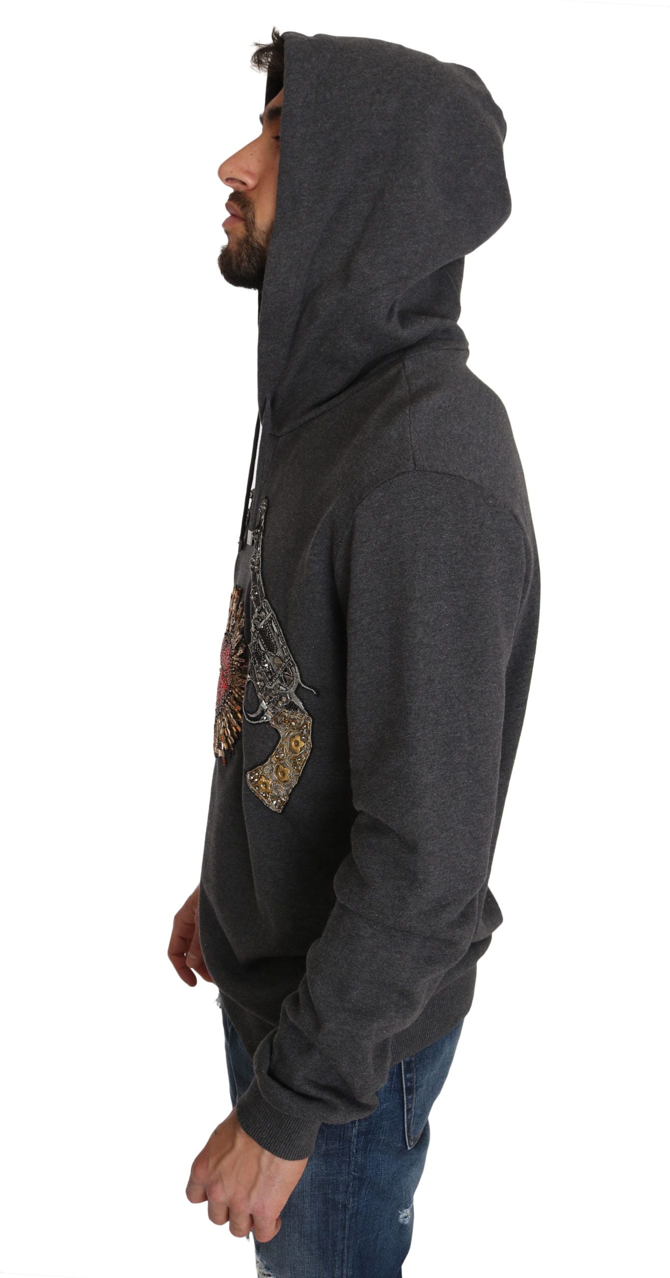 Dolce & Gabbana Gray Hooded Red Crystal Heart Gun Sweater - ClickThatClicks 