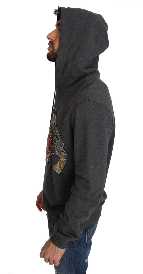 Dolce & Gabbana Gray Hooded Red Crystal Heart Gun Sweater - ClickThatClicks 