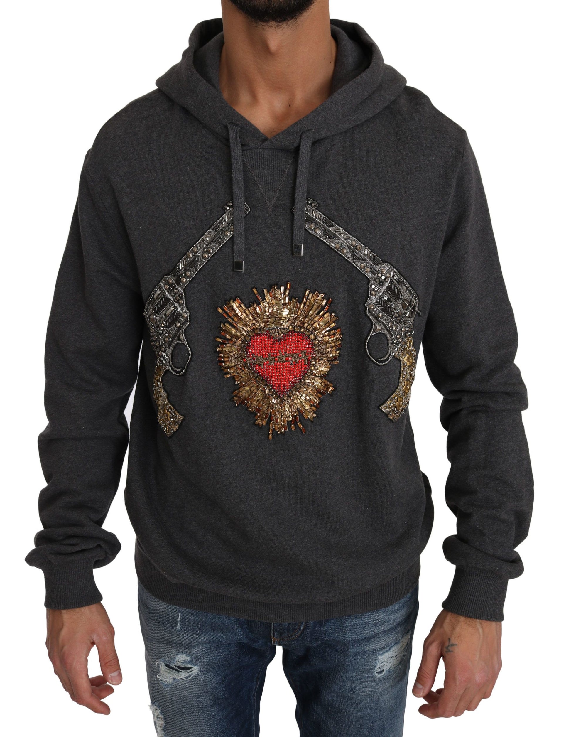 Dolce & Gabbana Gray Hooded Red Crystal Heart Gun Sweater - ClickThatClicks 