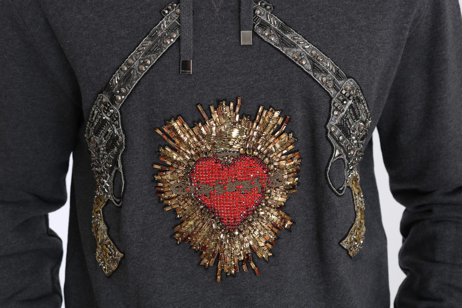 Dolce & Gabbana Gray Hooded Red Crystal Heart Gun Sweater - ClickThatClicks 