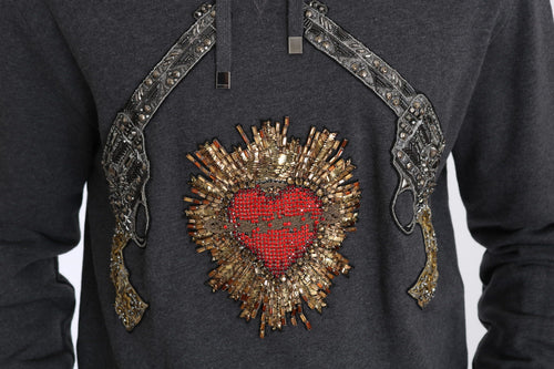 Dolce & Gabbana Gray Hooded Red Crystal Heart Gun Sweater - ClickThatClicks 