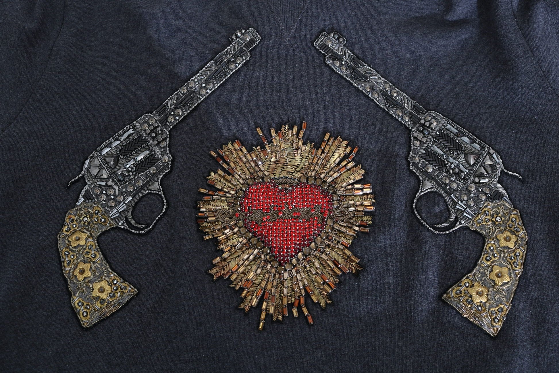 Dolce & Gabbana Gray Hooded Red Crystal Heart Gun Sweater - ClickThatClicks 