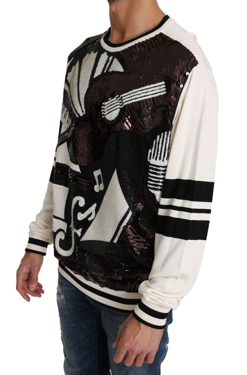 Dolce & Gabbana White Jazz Sequined Guitar Pullover Top Sweater - ClickThatClicks 
