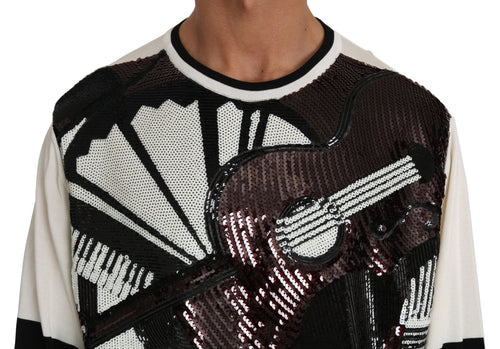 Dolce & Gabbana White Jazz Sequined Guitar Pullover Top Sweater - ClickThatClicks 