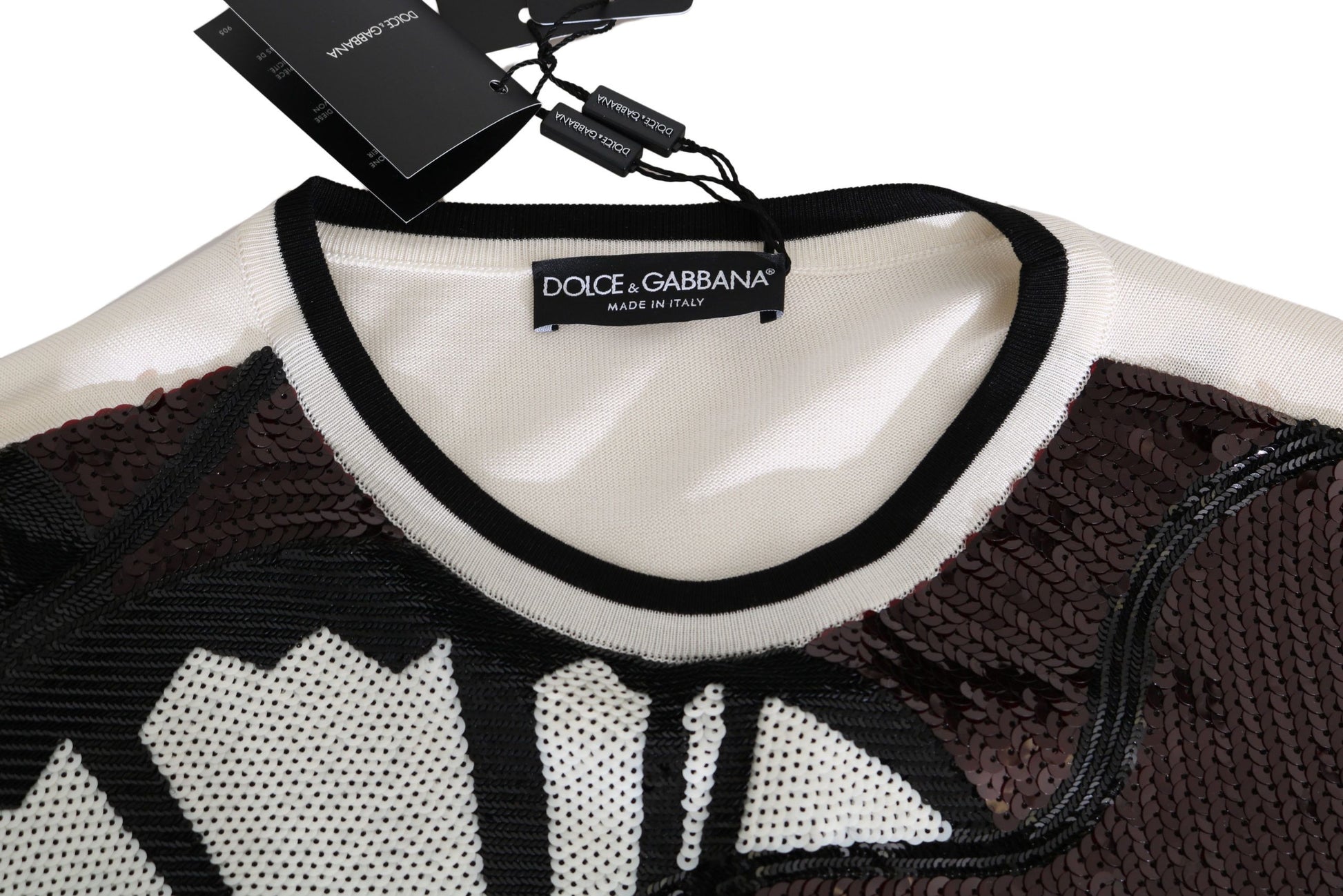 Dolce & Gabbana White Jazz Sequined Guitar Pullover Top Sweater - ClickThatClicks 