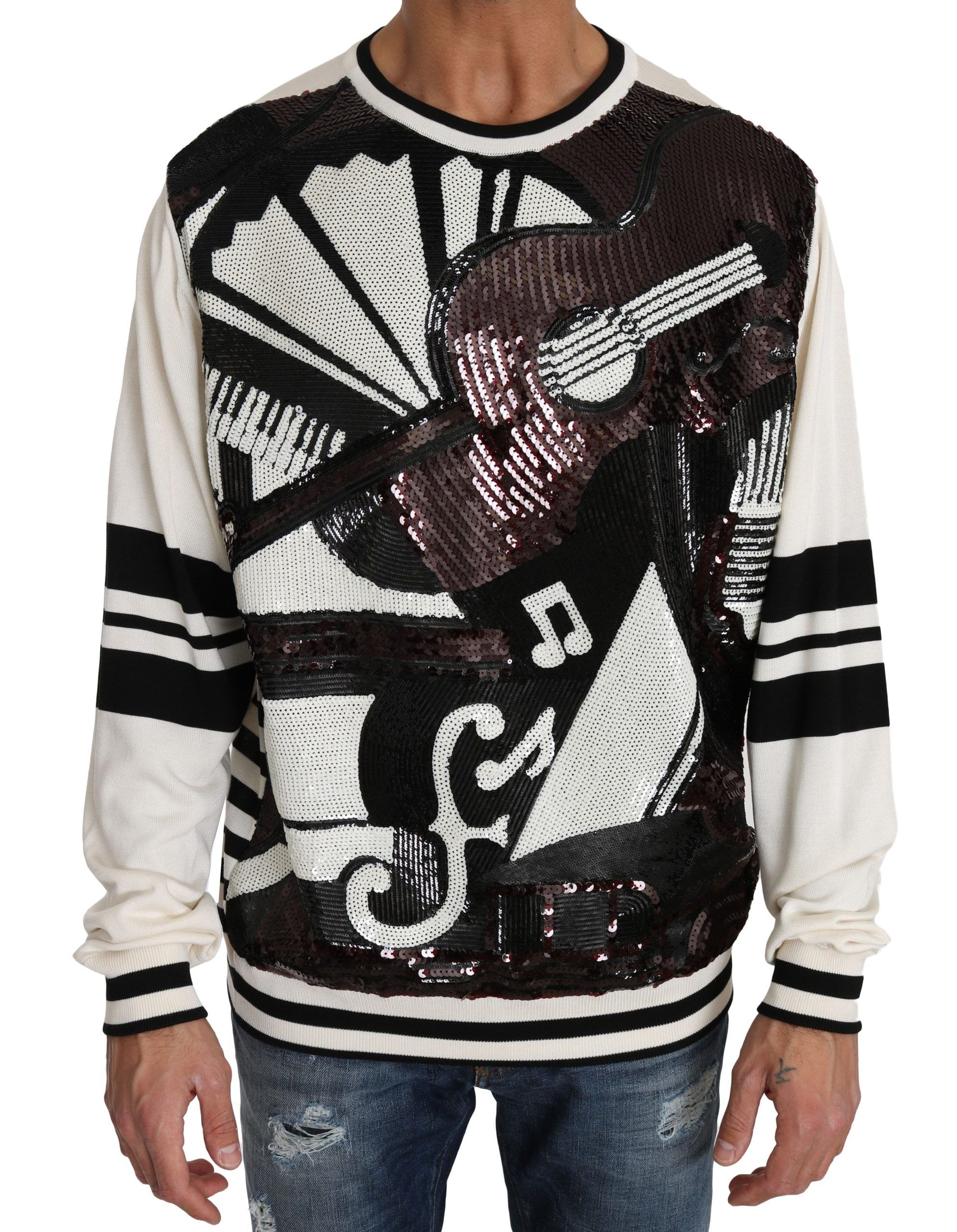 Dolce & Gabbana White Jazz Sequined Guitar Pullover Top Sweater - ClickThatClicks 