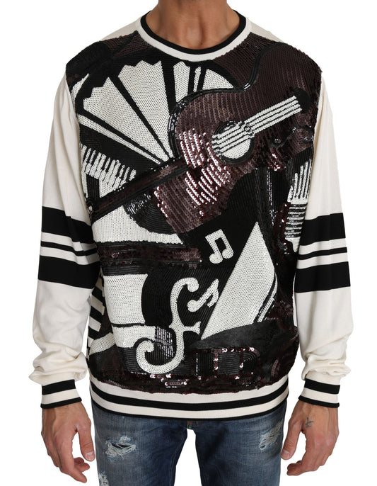 Dolce & Gabbana White Jazz Sequined Guitar Pullover Top Sweater - ClickThatClicks 