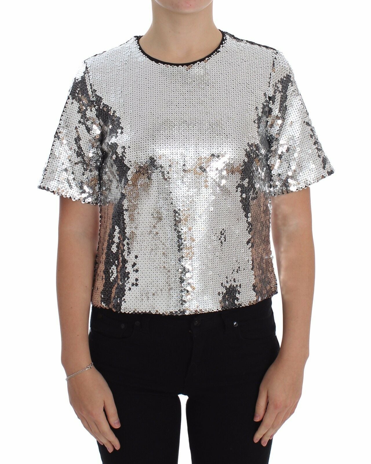 Dolce & Gabbana Silver Sequined Crewneck Blouse T-shirt Top - ClickThatClicks 