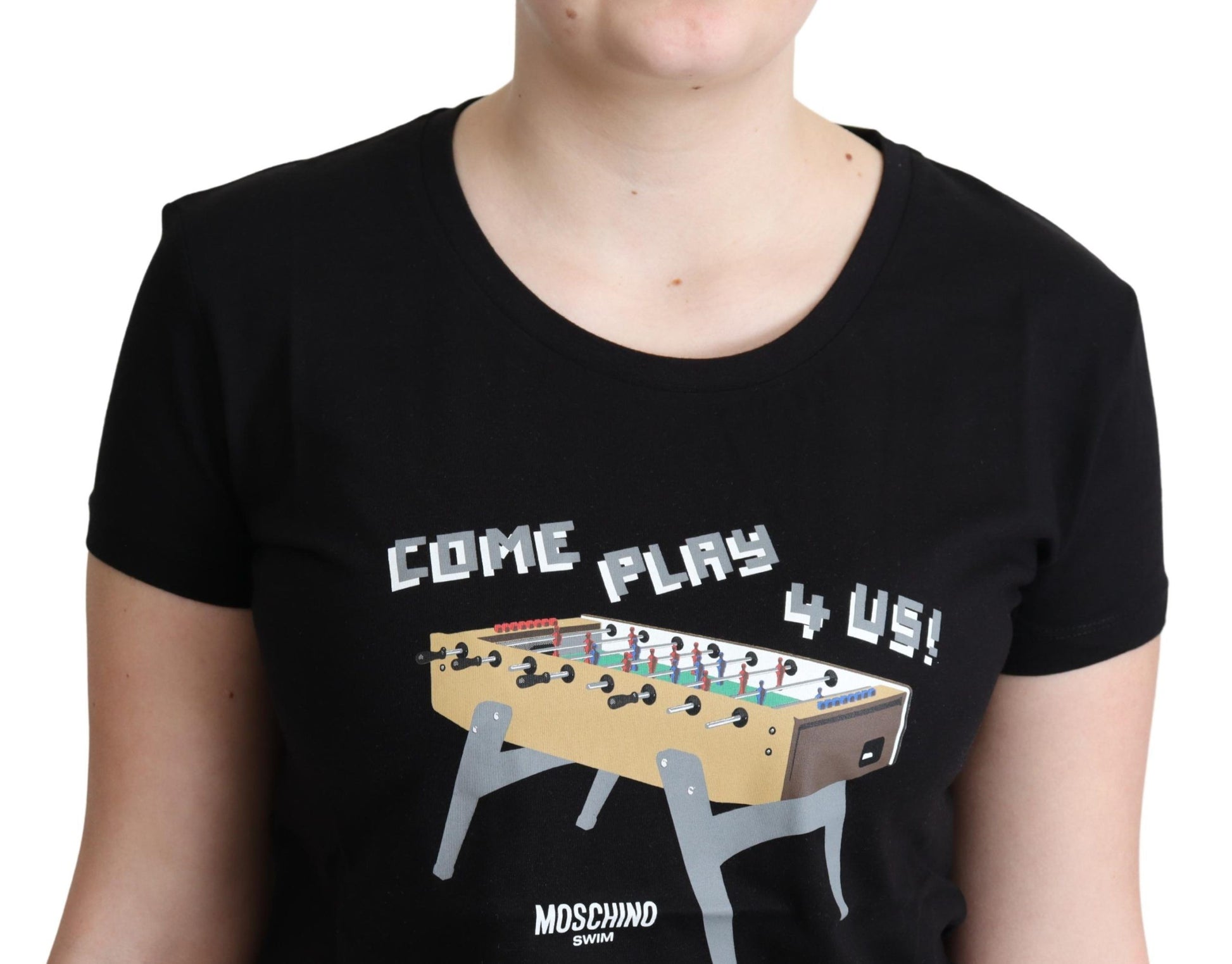 Moschino Black Cotton Come Play 4 Us Print Tops T-shirt - ClickThatClicks 