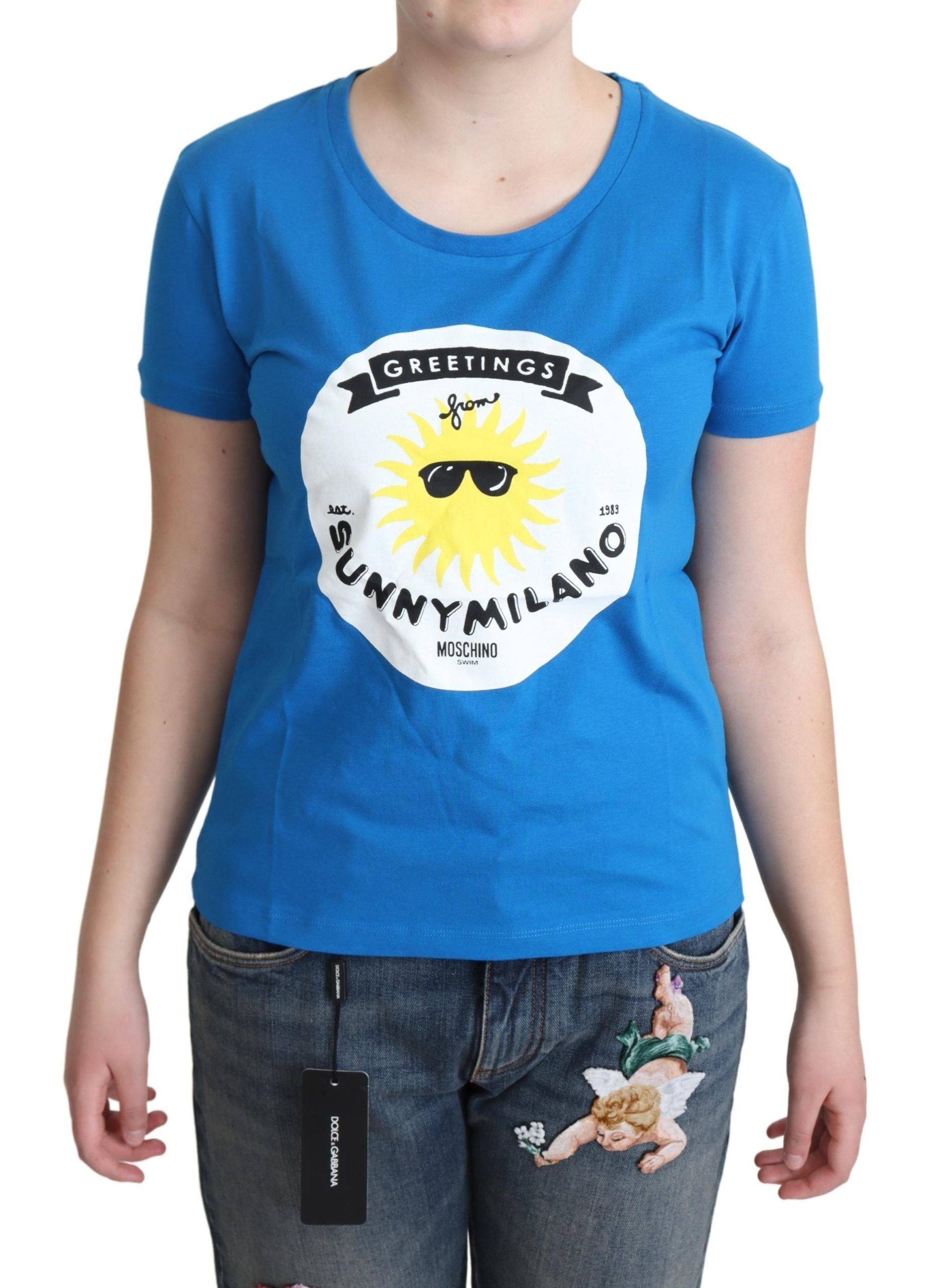 Moschino Blue Cotton Sunny Milano Print Tops T-shirt - ClickThatClicks 