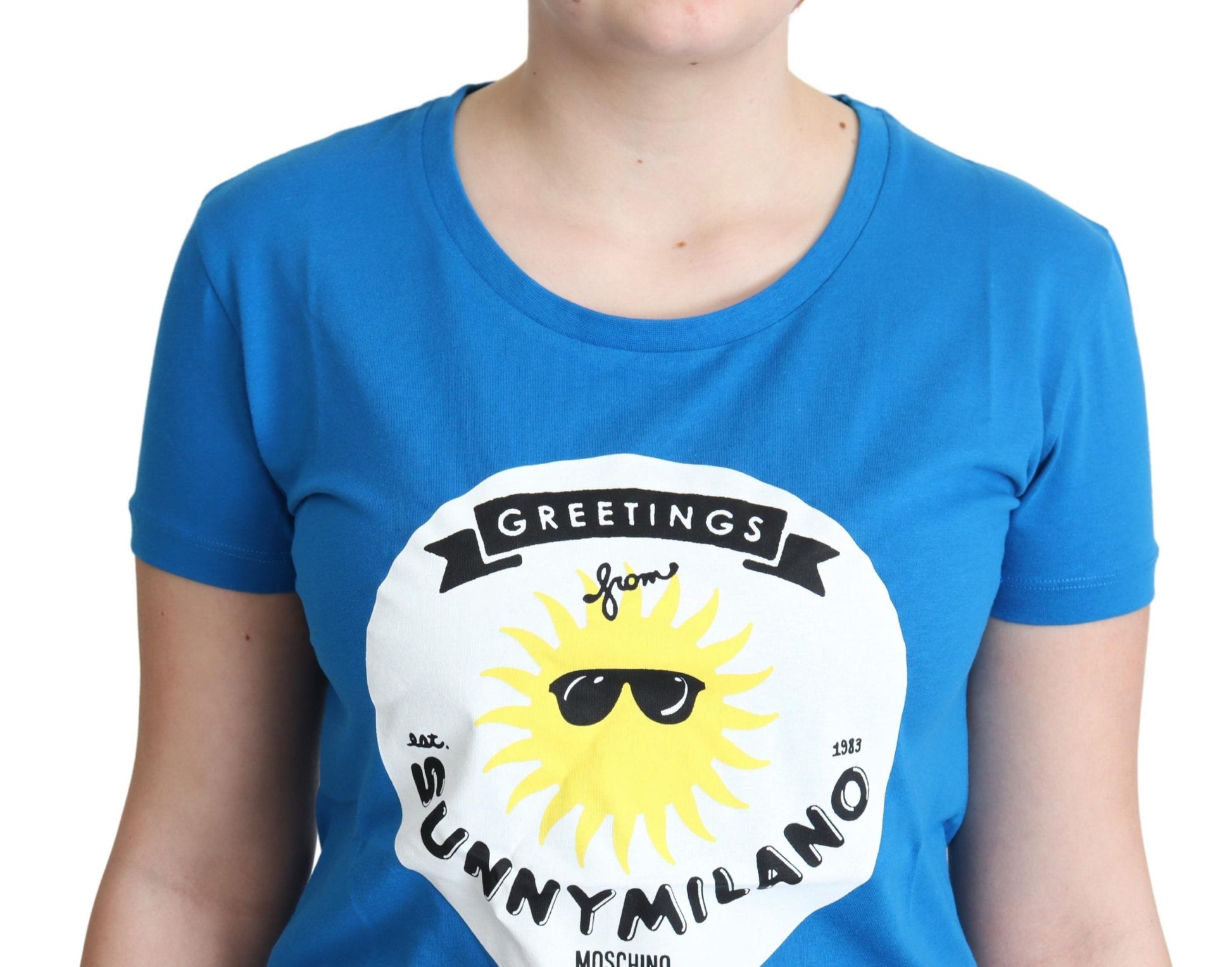 Moschino Blue Cotton Sunny Milano Print Tops T-shirt - ClickThatClicks 