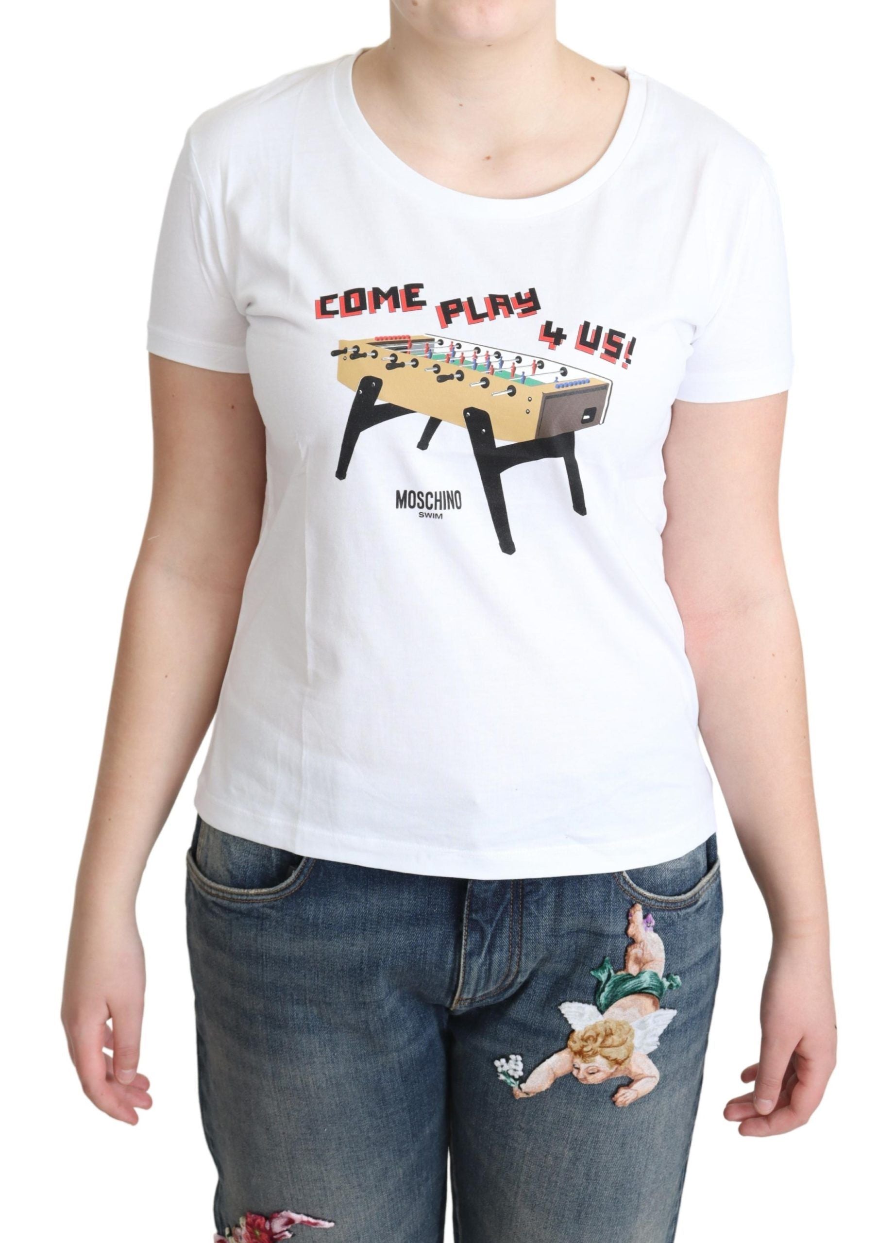Moschino White Cotton Come Play 4 Us Print Tops T-shirt - ClickThatClicks 