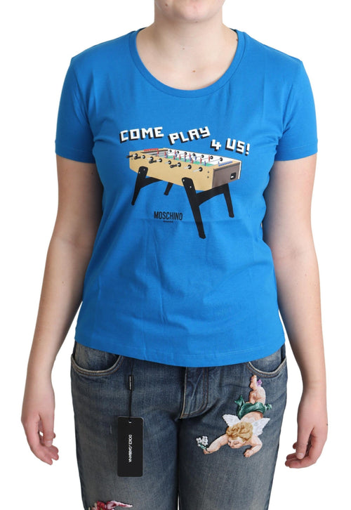 Moschino Blue Cotton Come Play 4 Us Print T-shirt - ClickThatClicks 