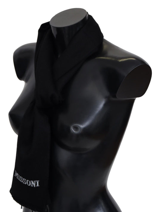 Missoni Black 100% Wool Unisex Neck Wrap Fringes Logo Scarf - ClickThatClicks 