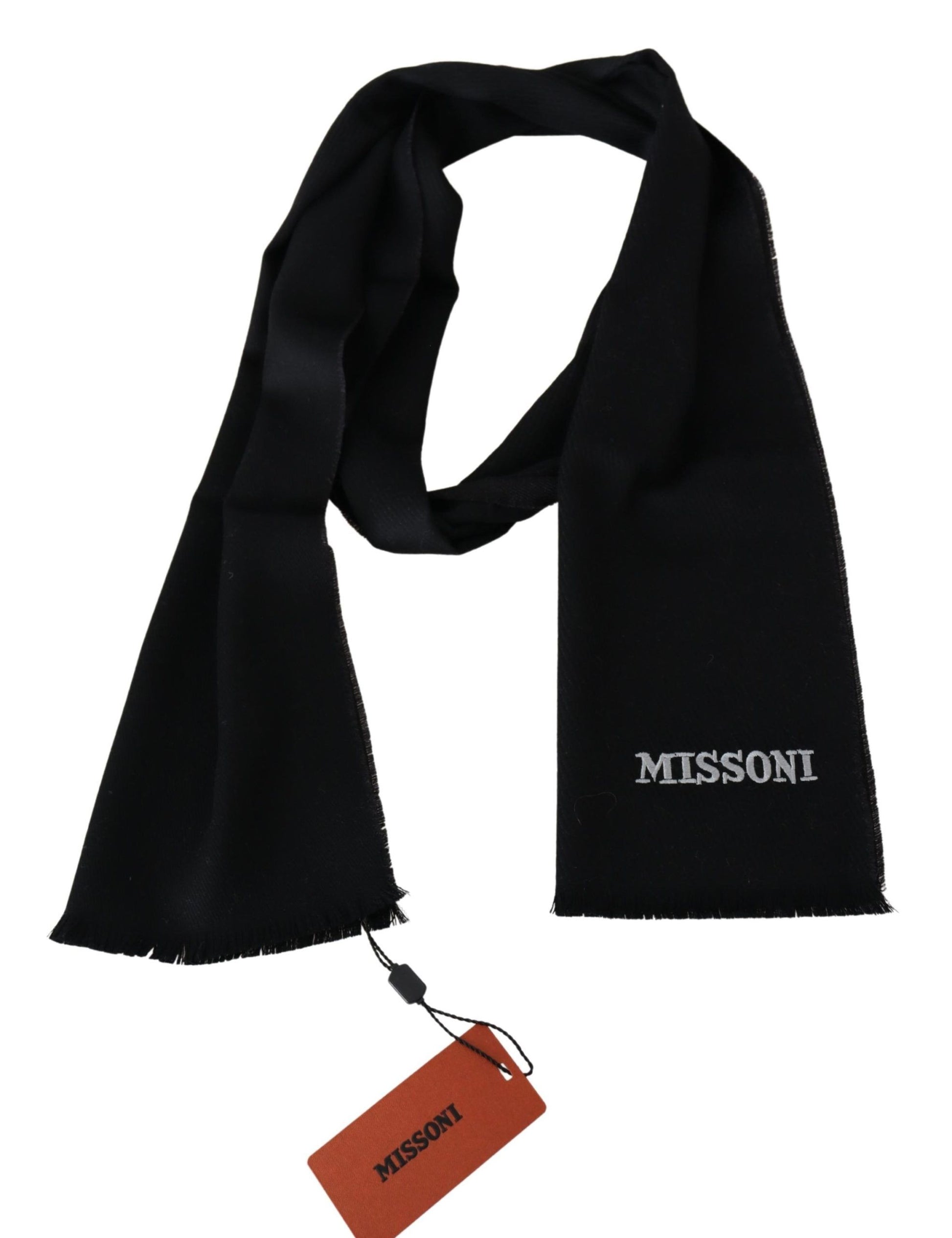 Missoni Black 100% Wool Unisex Neck Wrap Fringes Logo Scarf - ClickThatClicks 