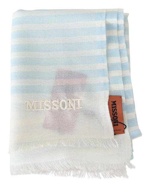 Missoni Blue White Lined Cashmere Unisex Wrap Scarf - ClickThatClicks 