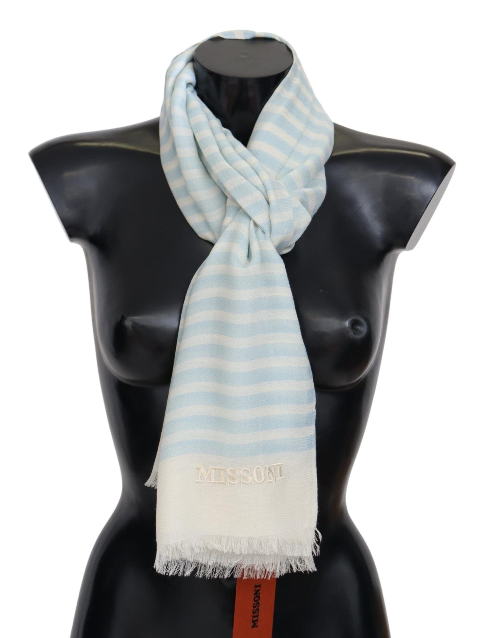 Missoni Blue White Lined Cashmere Unisex Wrap Scarf - ClickThatClicks 