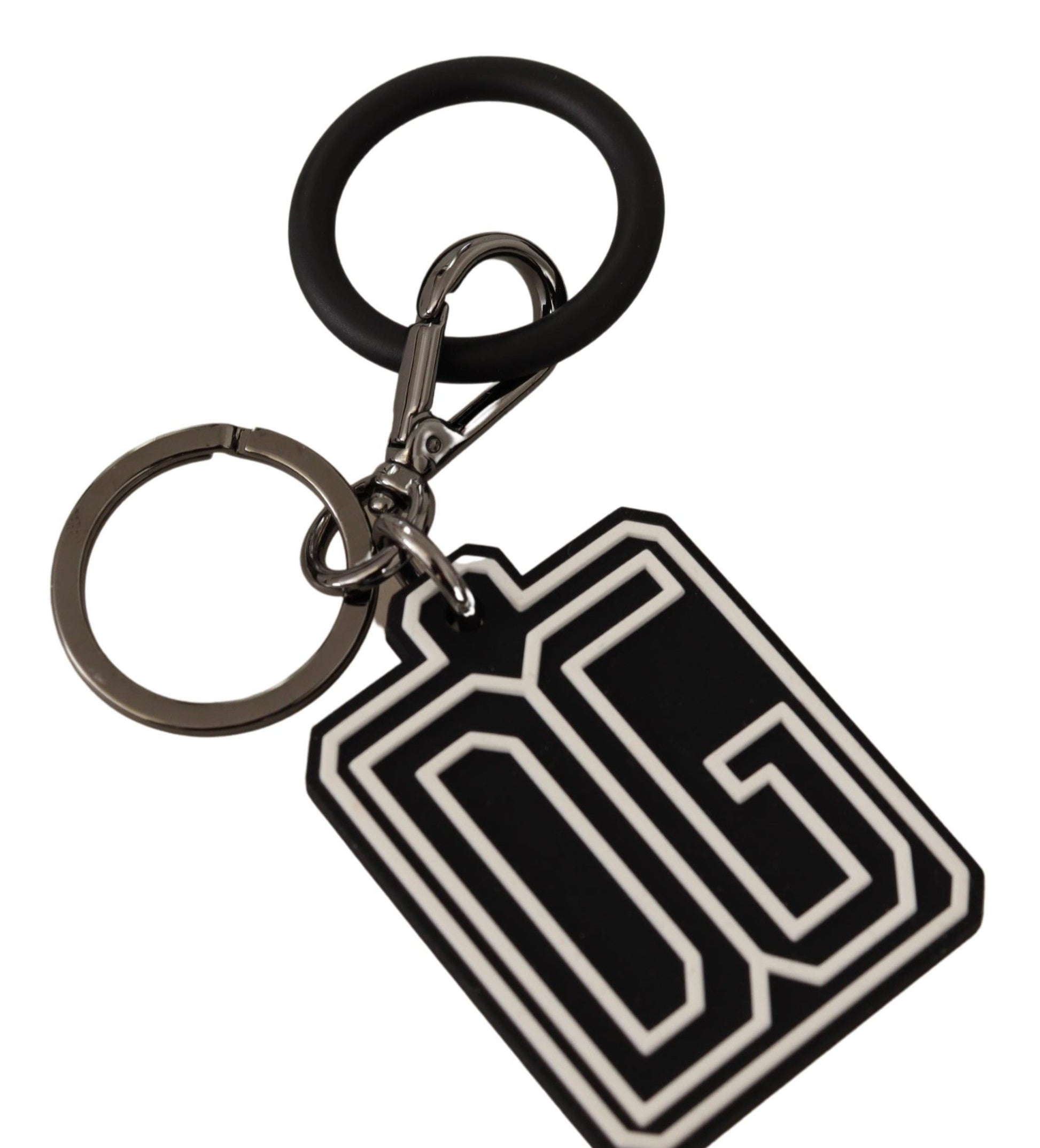 Dolce & Gabbana Black White DG Rubber Logo Silver Ring Keychain - ClickThatClicks 