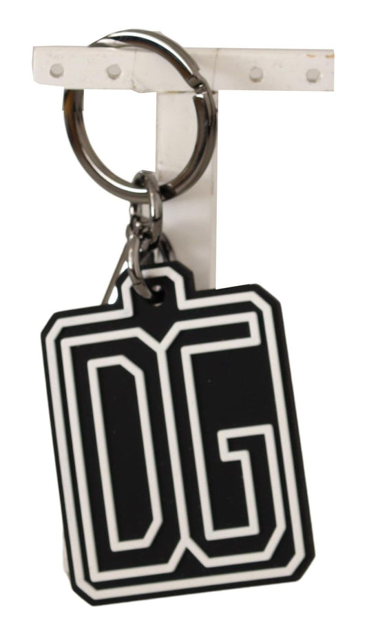 Dolce & Gabbana Black White DG Rubber Logo Silver Ring Keychain - ClickThatClicks 