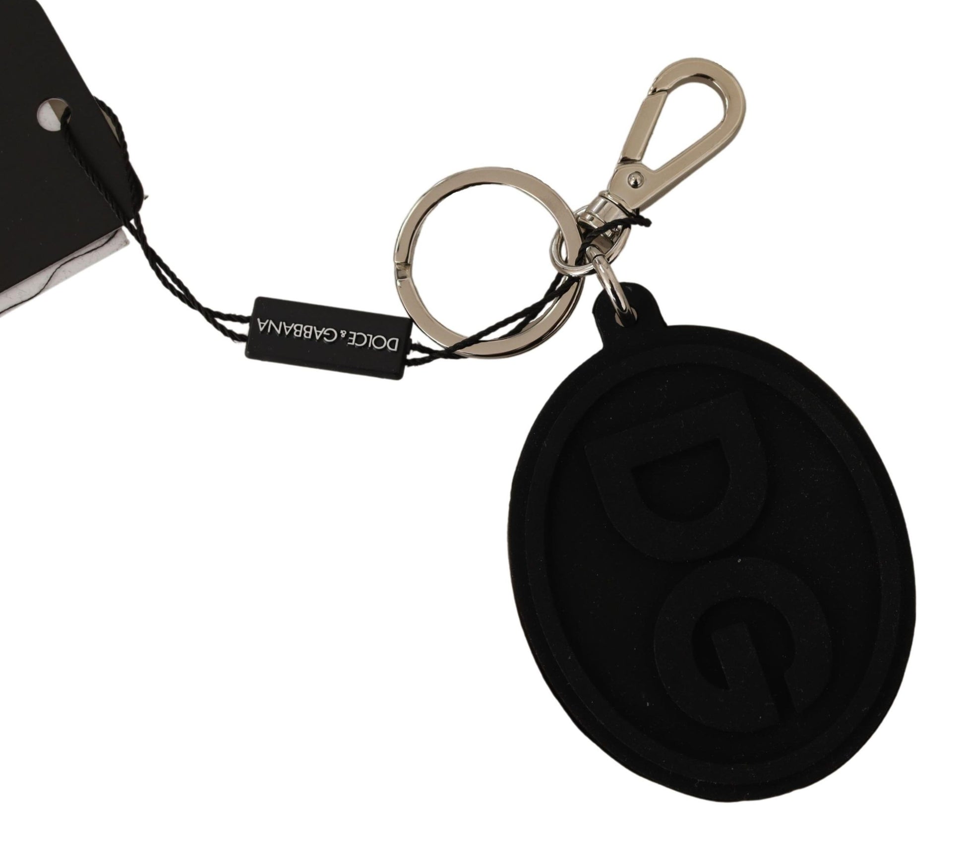 Dolce & Gabbana Black Rubber DG Logo Silver Brass Metal Keychain - ClickThatClicks 