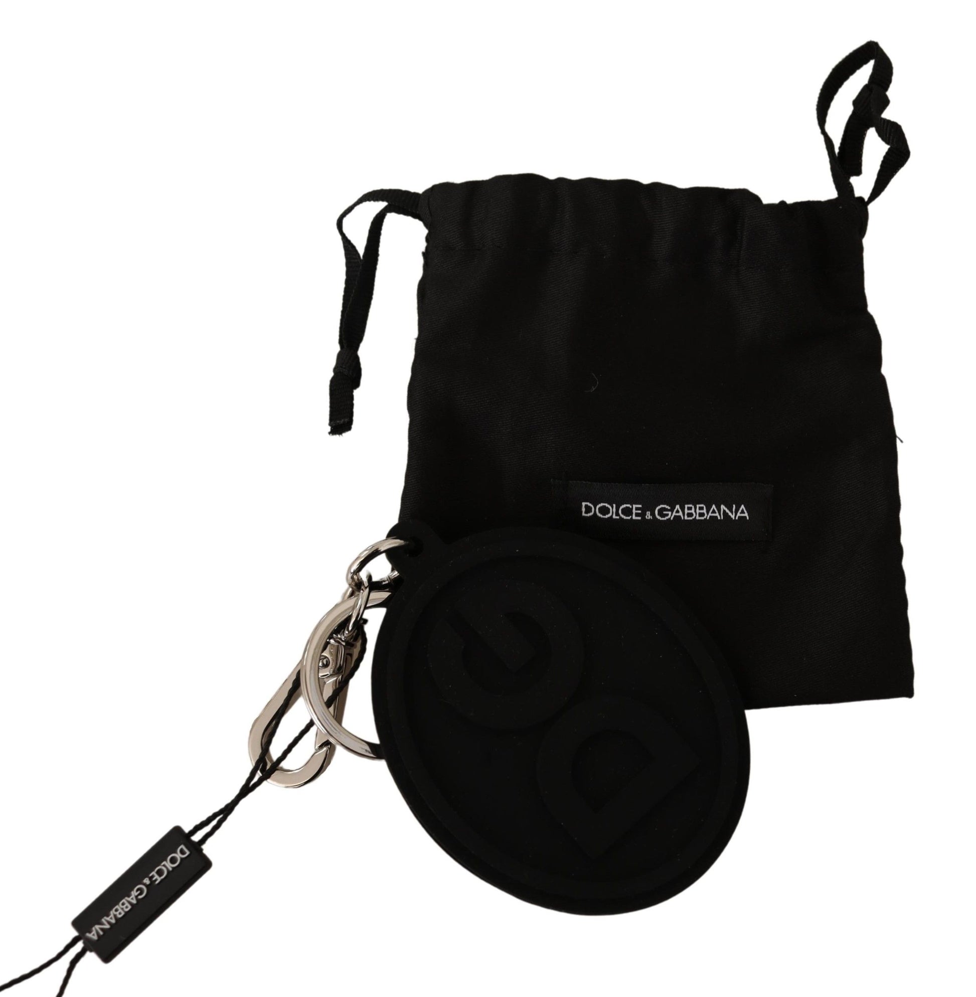 Dolce & Gabbana Black Rubber DG Logo Silver Brass Metal Keychain - ClickThatClicks 