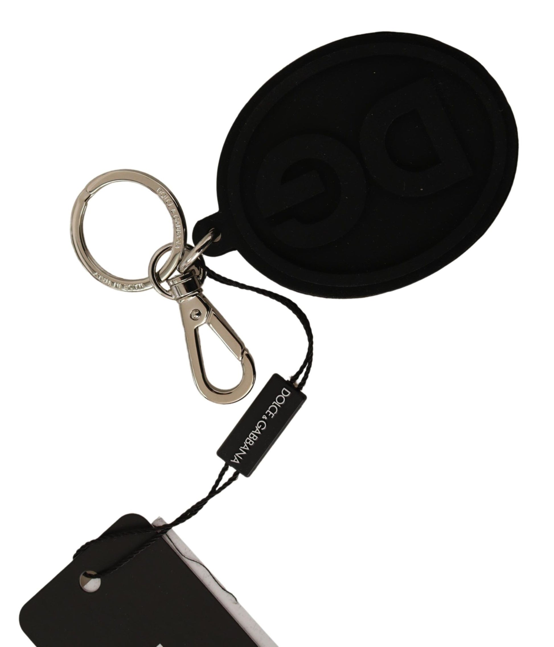 Dolce & Gabbana Black Rubber DG Logo Silver Brass Metal Keychain - ClickThatClicks 