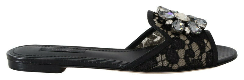 Dolce & Gabbana Black Taormina Lace Slides Crystals Flats Shoes