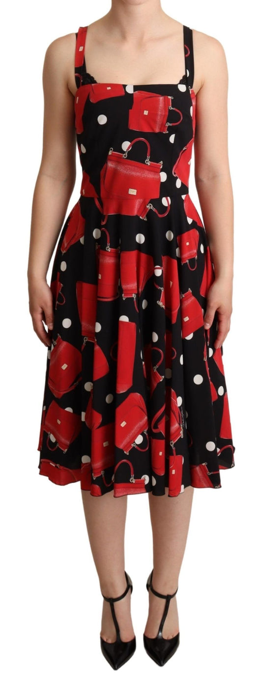Dolce & Gabbana Black Red Bag Print A-line Mid Length Dress - ClickThatClicks 