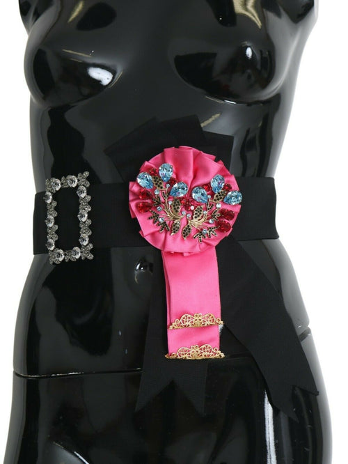 Dolce & Gabbana Black Pink Flower Brooch Crystals Cotton Belt - ClickThatClicks 