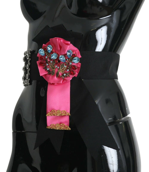 Dolce & Gabbana Black Pink Flower Brooch Crystals Cotton Belt - ClickThatClicks 