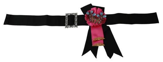 Dolce & Gabbana Black Pink Flower Brooch Crystals Cotton Belt - ClickThatClicks 