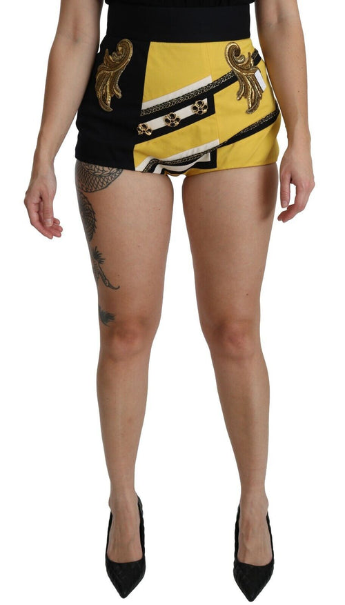 Dolce & Gabbana Yellow Black Cotton Jewelled Hot Pants Shorts - ClickThatClicks 