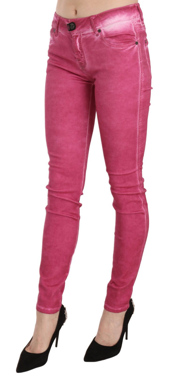 PLEIN SUD Pink Velvet Mid Waist Skinny Trouser Pants - ClickThatClicks 