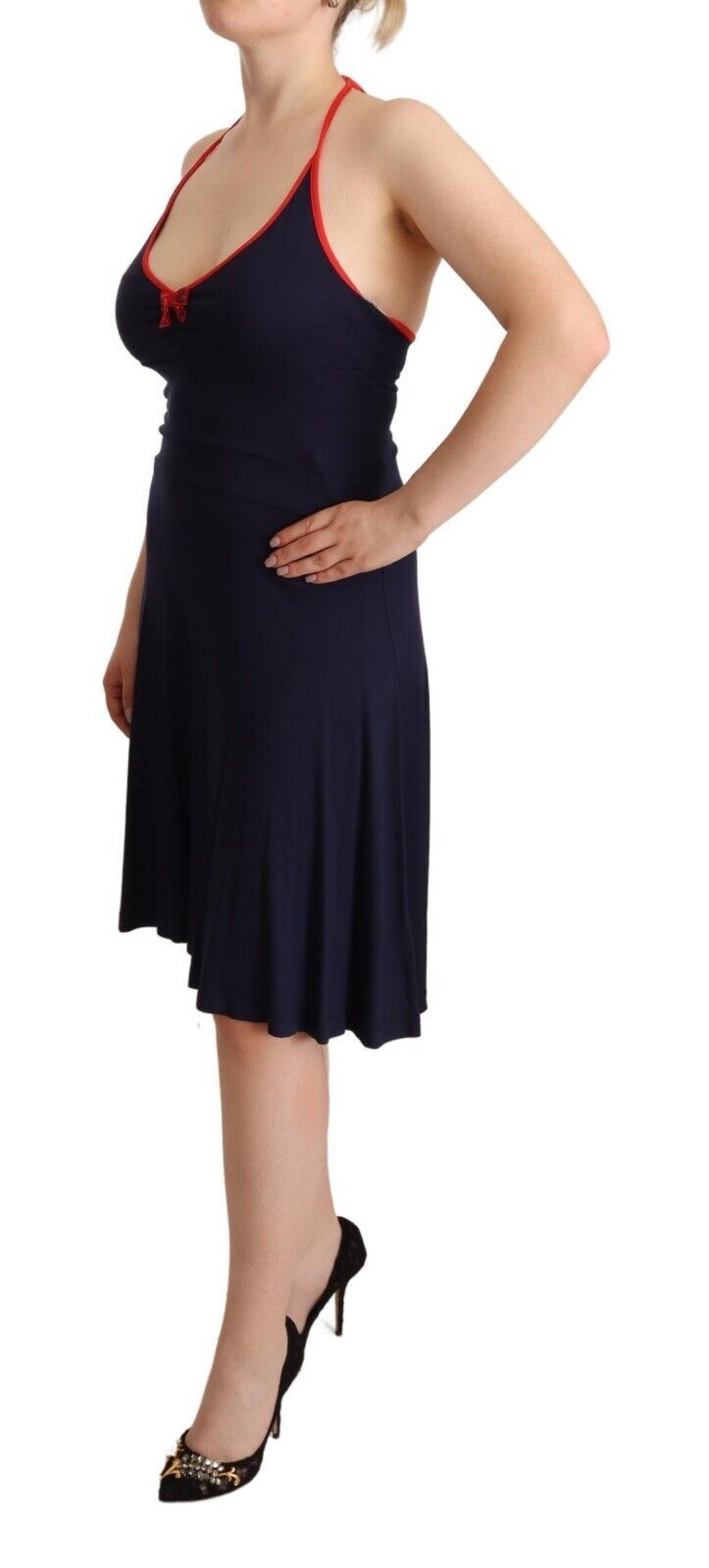 Roccobarocco Navy Blue Sleeveless Halter Sheath Midi Dress - ClickThatClicks 