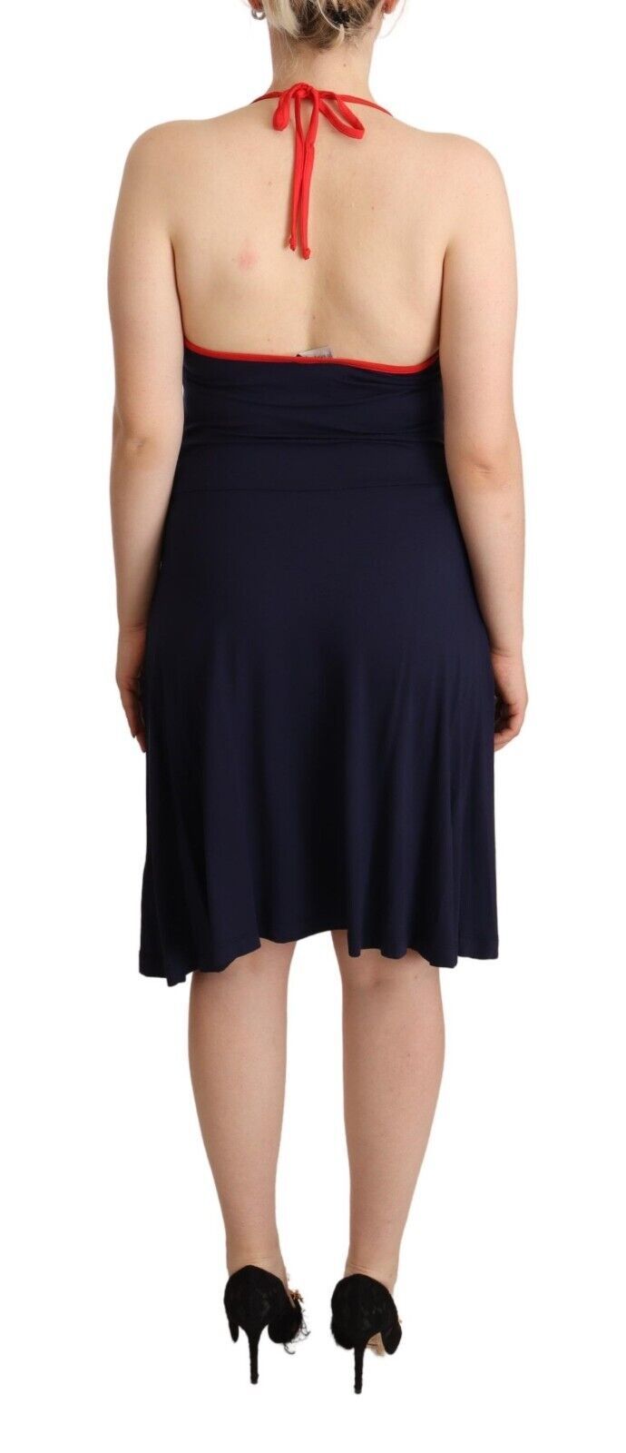 Roccobarocco Navy Blue Sleeveless Halter Sheath Midi Dress - ClickThatClicks 