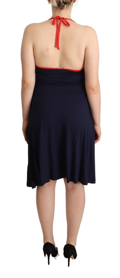 Roccobarocco Navy Blue Sleeveless Halter Sheath Midi Dress - ClickThatClicks 