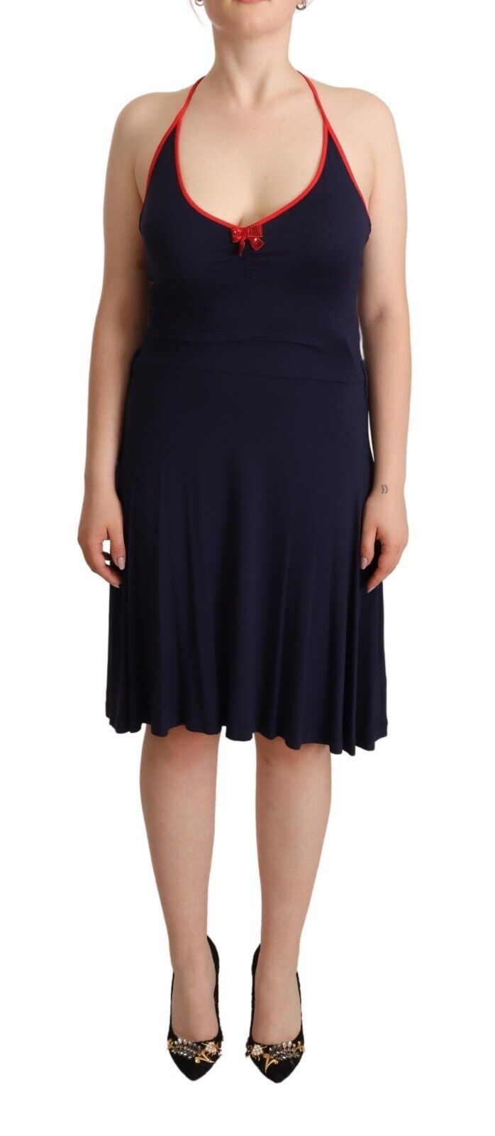 Roccobarocco Navy Blue Sleeveless Halter Sheath Midi Dress - ClickThatClicks 