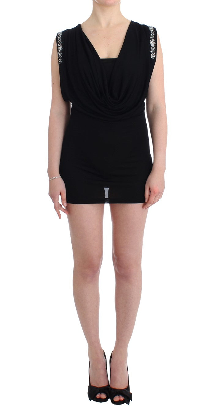 Roccobarocco Black Embellished Jersey Mini Sheath Short Dress - ClickThatClicks 